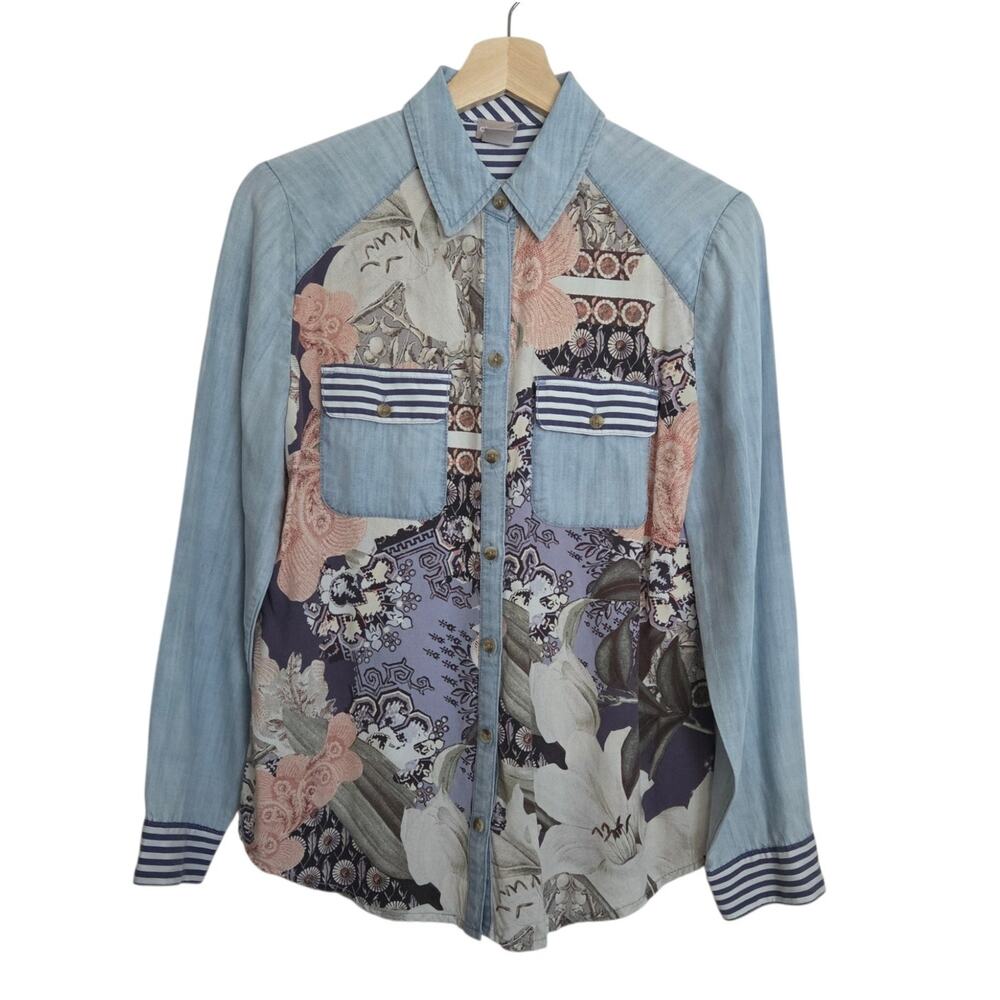 Chico's Patchwork Pattern Chambray Cottage Lycocell Button Up Shirt Sz 0 4/6